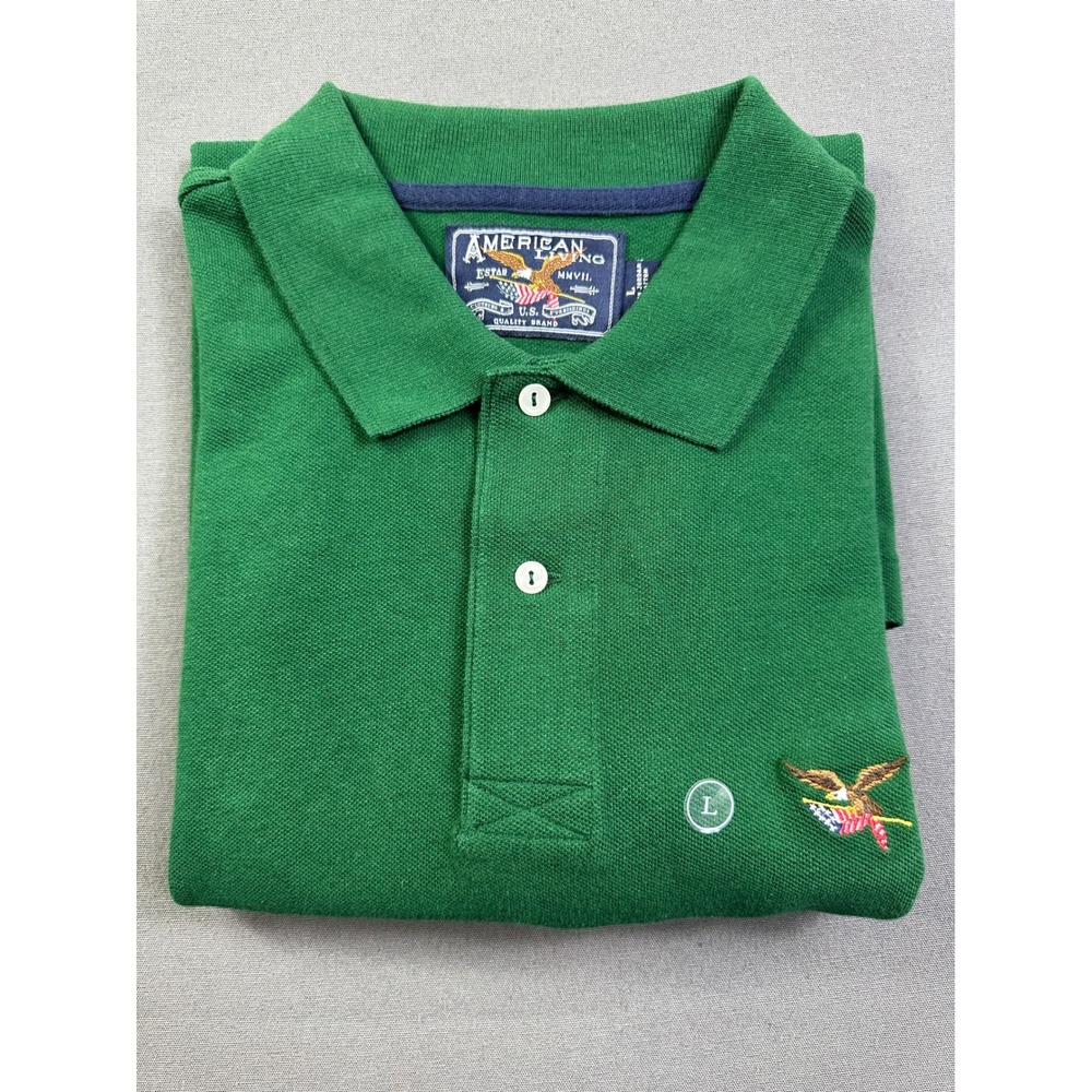 American Living Men Green Cotton Pique Polo Shirt Eagle Logo Large Short Sleeve